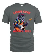 Long Live Meow N Roll Rockstar Cat Playing Guitar Graphic Tee - gray t-shirt on white background