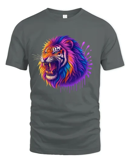 Vibrant Roaring Tiger Neon Art Graphic T-Shirt with Soft Feel - gray t-shirt on white background