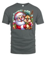Cute Santa and Reindeer Christmas Friends Holiday Graphic Tee - gray t-shirt on white background