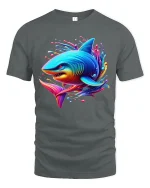 Neon Shark Splash Vibrant Ocean Art Graphic T-Shirt Soft Feel - gray t-shirt on white background