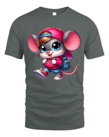 Cute Backpack Mouse Streetwear Cartoon Art Graphic T-Shirt - gray t-shirt on white background