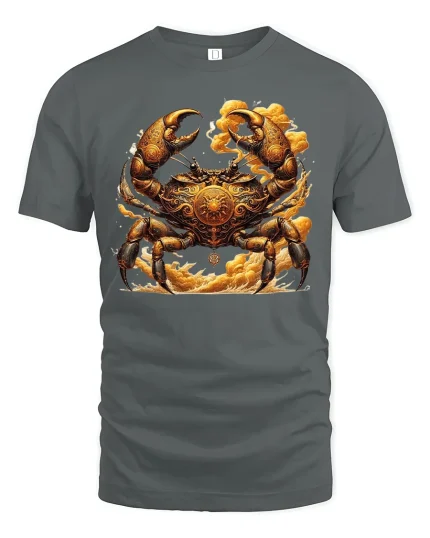 Golden Warrior Crab Ornate Art Mythic Style Graphic T-Shirt - gray t-shirt on white background