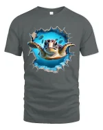 3D Sea Turtle Breakthrough Ocean Art Realistic Graphic T-Shirt - gray t-shirt on white background