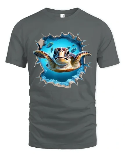 3D Sea Turtle Breakthrough Ocean Art Realistic Graphic T-Shirt - gray t-shirt on white background