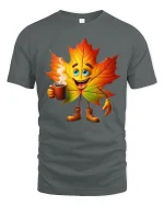 Happy Autumn Leaf Coffee Lover Cute Fall Cartoon Graphic Tee - gray t-shirt on white background