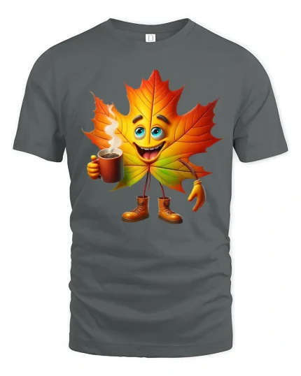 Happy Autumn Leaf Coffee Lover Cute Fall Cartoon Graphic Tee - gray t-shirt on white background