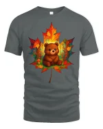 Cute Autumn Bear in Leaf Forest Art Cozy Fall Graphic T-Shirt - gray t-shirt on white background