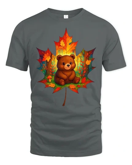 Cute Autumn Bear in Leaf Forest Art Cozy Fall Graphic T-Shirt - gray t-shirt on white background