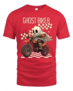 Ghost Biker Racing Cartoon Spooky Motorcycle Graphic T-Shirt - red t-shirt on white background