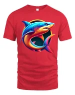 Neon Shark Circle Design Vibrant Ocean Art Graphic T-Shirt - red t-shirt on white background