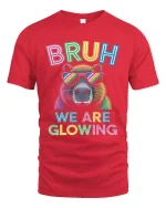 Bruh We Are Glowing Neon Bear Funny Retro Style Graphic Tee - red t-shirt on white background