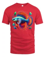 Vibrant Rainbow Fish Fantasy Ocean Art Colorful Graphic T-Shirt - red t-shirt on white background