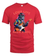Long Live Meow N Roll Rockstar Cat Playing Guitar Graphic Tee - red t-shirt on white background