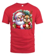 Cute Santa and Reindeer Christmas Friends Holiday Graphic Tee - red t-shirt on white background