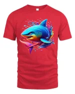 Neon Shark Splash Vibrant Ocean Art Graphic T-Shirt Soft Feel - red t-shirt on white background