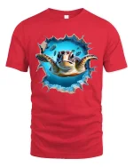 3D Sea Turtle Breakthrough Ocean Art Realistic Graphic T-Shirt - red t-shirt on white background