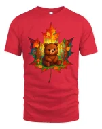 Cute Autumn Bear in Leaf Forest Art Cozy Fall Graphic T-Shirt - red t-shirt on white background