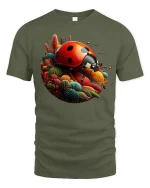 Colorful Ladybug Garden Fantasy Art Bright Nature Graphic Tee - military green t-shirt on white background