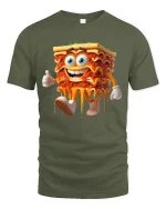 Funny Lasagna Cartoon Character Melty Food Humor Graphic Tee - military green t-shirt on white background