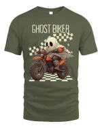 Ghost Biker Racing Cartoon Spooky Motorcycle Graphic T-Shirt - military green t-shirt on white background