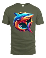 Neon Shark Circle Design Vibrant Ocean Art Graphic T-Shirt - military green t-shirt on white background