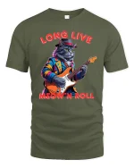 Long Live Meow N Roll Rockstar Cat Playing Guitar Graphic Tee - military green t-shirt on white background
