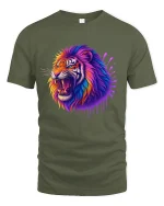 Vibrant Roaring Tiger Neon Art Graphic T-Shirt with Soft Feel - military green t-shirt on white background