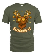 Sleighin’ It Cool Reindeer Sunglasses Funny Christmas Graphic Tee - military green t-shirt on white background