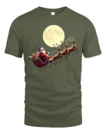 Santa Sleigh Moonlight Ride Classic Christmas Graphic T-Shirt - military green t-shirt on white background