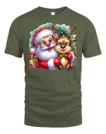 Cute Santa and Reindeer Christmas Friends Holiday Graphic Tee - military green t-shirt on white background
