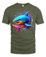 Neon Shark Splash Vibrant Ocean Art Graphic T-Shirt Soft Feel - military green t-shirt on white background
