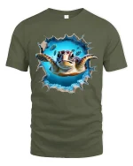 3D Sea Turtle Breakthrough Ocean Art Realistic Graphic T-Shirt - military green t-shirt on white background