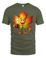 Happy Autumn Leaf Coffee Lover Cute Fall Cartoon Graphic Tee - military green t-shirt on white background