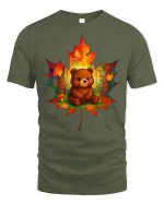 Cute Autumn Bear in Leaf Forest Art Cozy Fall Graphic T-Shirt - military green t-shirt on white background