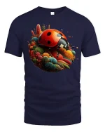 Colorful Ladybug Garden Fantasy Art Bright Nature Graphic Tee - navy t-shirt on white background