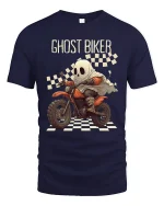 Ghost Biker Racing Cartoon Spooky Motorcycle Graphic T-Shirt - navy t-shirt on white background