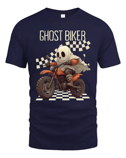 Ghost Biker Racing Cartoon Spooky Motorcycle Graphic T-Shirt - navy t-shirt on white background
