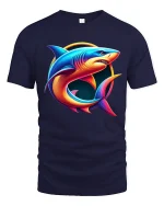 Neon Shark Circle Design Vibrant Ocean Art Graphic T-Shirt - navy t-shirt on white background