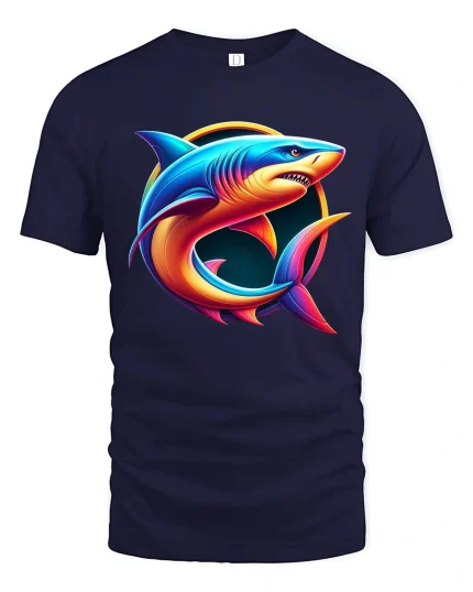 Neon Shark Circle Design Vibrant Ocean Art Graphic T-Shirt - navy t-shirt on white background