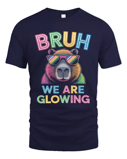 Bruh We Are Glowing Neon Bear Funny Retro Style Graphic Tee - navy t-shirt on white background