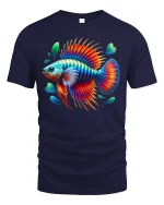 Vibrant Rainbow Fish Fantasy Ocean Art Colorful Graphic T-Shirt - navy t-shirt on white background
