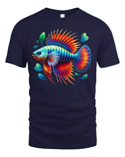 Vibrant Rainbow Fish Fantasy Ocean Art Colorful Graphic T-Shirt - navy t-shirt on white background