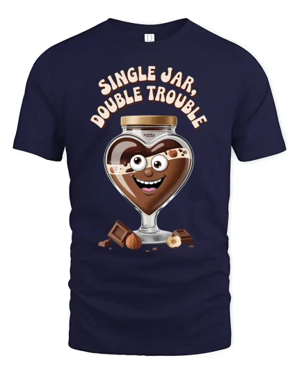 Funny Chocolate Jar Double Trouble Cute Food Cartoon T-Shirt - navy t-shirt on white background