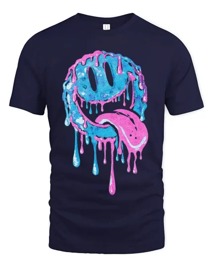 Dripping Smiley Face Neon Blue Pink Funky Graphic T-Shirt - navy t-shirt on white background
