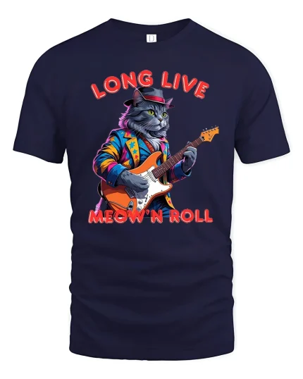 Long Live Meow N Roll Rockstar Cat Playing Guitar Graphic Tee - navy t-shirt on white background