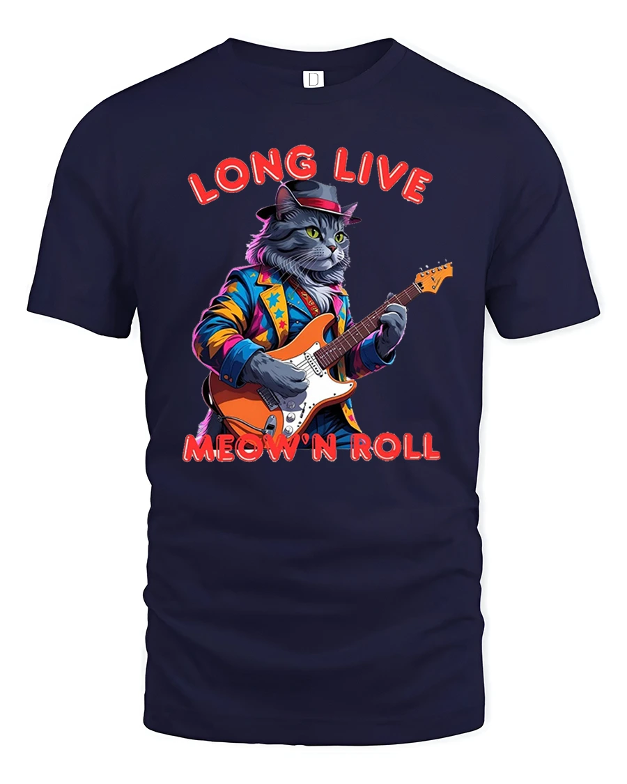 Long Live Meow N Roll Rockstar Cat Playing Guitar Graphic Tee - 1 Long Live Meow N Roll Rockstar Cat Playing Guitar Graphic Tee - navy t-shirt on white background