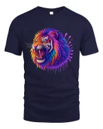 Vibrant Roaring Tiger Neon Art Graphic T-Shirt with Soft Feel - navy t-shirt on white background