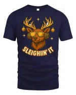 Sleighin’ It Cool Reindeer Sunglasses Funny Christmas Graphic Tee - navy t-shirt on white background