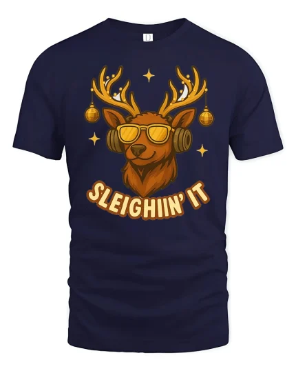 Sleighin’ It Cool Reindeer Sunglasses Funny Christmas Graphic Tee - navy t-shirt on white background