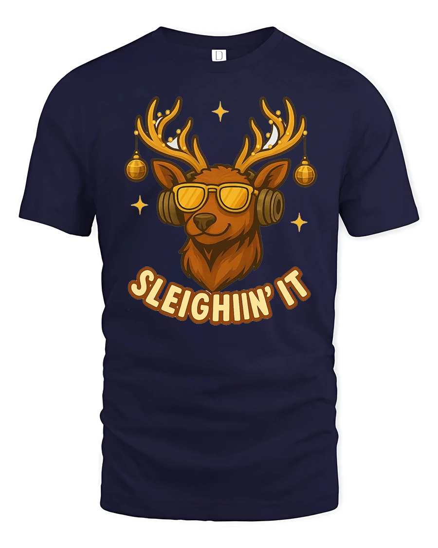 Sleighin’ It Cool Reindeer Sunglasses Funny Christmas Graphic Tee - 1 Sleighin’ It Cool Reindeer Sunglasses Funny Christmas Graphic Tee - navy t-shirt on white background